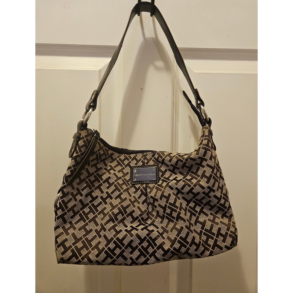 Tommy Hilfiger Signature Monogram Logo Print Tan Brown Cream Tote Shoulder Bag